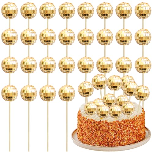 Ephlyn 24 piezas de decoración dorada para cupcakes, bolas de discoteca, mini bola de discoteca, decoración de tartas temáticas de discoteca, decoración de tartas para fiestas temáticas de discoteca