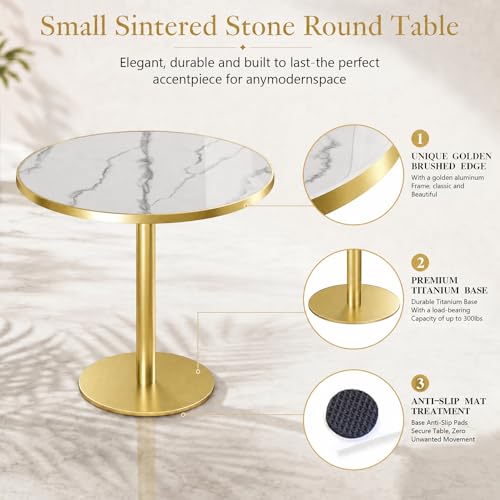 Image of 31.5 inchTulip Table, Sintered Stone Small Round Dining Tables&Metal Edge&Base | Small Modern Circle Dining Table for 2-4 Person ,Bistro Tables for Dining Room /Kitchen /Restaurants /Small Spaces /Marble White