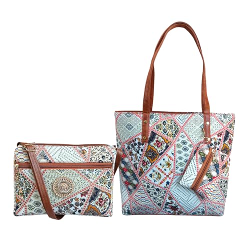 Women's Printed Combo Tote Bag & Sling Purse Set with Multiple Zip Compartments, Leather Handles, Adjustable Strap, Spacious Shoulder Carry Handbag for Office, College, Travel & Daily Use (Off White)