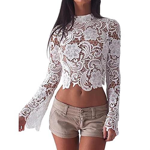 Damenbluse, T-Shirt, elegante Spitzenbluse, durchsichtig, sexy, langärmelig, gehäkelt, kurze Bluse für Freizeit, Party, Club, weiß, S Cover