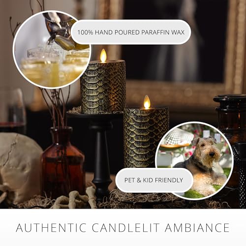 Image of Luminara Snake Pattern Flameless LED Candle, Black & Gold 3 inch x 4.5 inch, Moving Flame Pillar, Battery Operated Timer Real Wax Halloween Gothic Home Decor