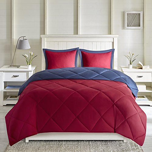Image of Madison Park Larkspur All Season Reversible Two Sides Down Alternative Comforter Set 3M Stain Release Comforters, King, Red /Navy