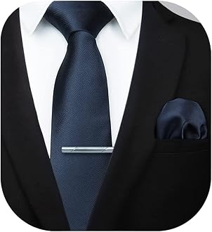 HISDERN Men's Solid Color Tie Formal Stain Necktie & Pocket Sqaure Ties Clip Set Formal Bussiness Wedding, Navy Blue, 8.5cm / 3.4 inches in Width
