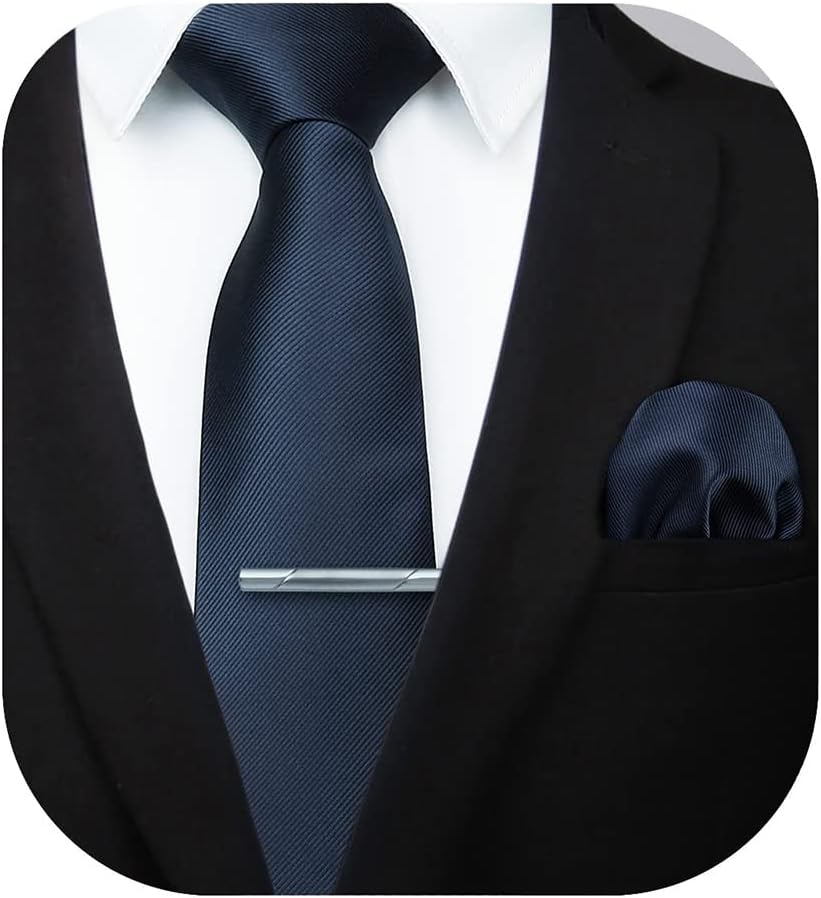 HISDERN Mens Ties Solid Color Wedding Ties and Pocket Square Neckties Clip Sets Business Formal Satin Ties for Men
