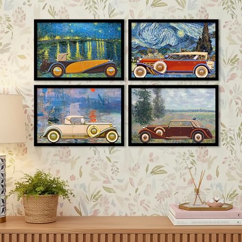 Image of Artistic Vintage Car Framed Wall Art Painting Set of 4 | Classic Automobile Artwork with Painterly Background for Living Room & Office Decor, 23x32 cm
