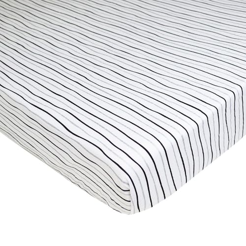 Image of American Baby Company 100% Natural Cotton Fitted Pack and Play Sheet 39 inch x 27 inch - Soft & Breathable Pack N Play Sheet for Playpen, Playard & Mini Crib Mattress, Silver Black Stripe, for Boys & Girls