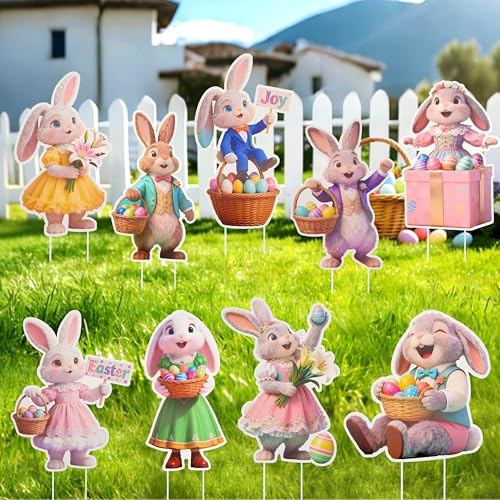 MNKXL 9-Piece Easter Bunny Yard Signs with Stakes, Cute Rabbit Outdoor Lawn Decorations for Easter Egg Hunts, Spring Garden Parties & Yard Decor