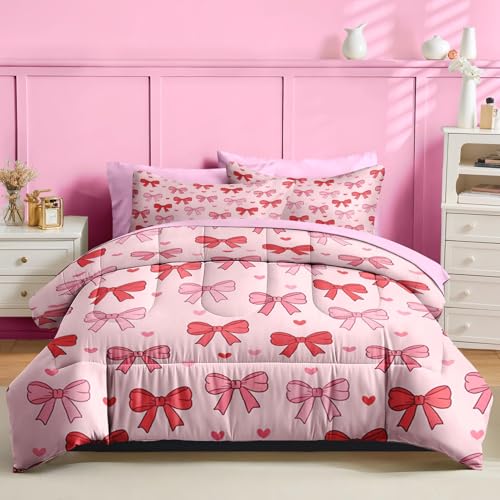 Image of Nesker Bow Comforter Set Full Size, 7 Pieces Bed in a Bag, Pink Bow Bedding Set for Girls, Princess Coquette Heart Comforter Set with 2 Pillowcases & 2 Shams