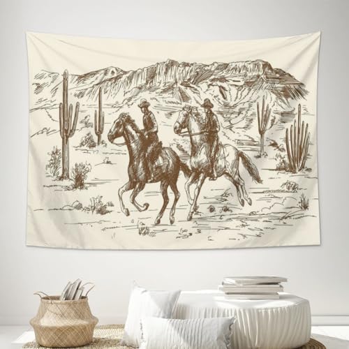 Yopurec Vintage Old Western Cowboy Tapestry boho Wild West Desert Cactus Tapestry, Bohemian Aesthetic For Teen Girl Bedroom College Dorm Home Living Room Party Decor 29X37 In