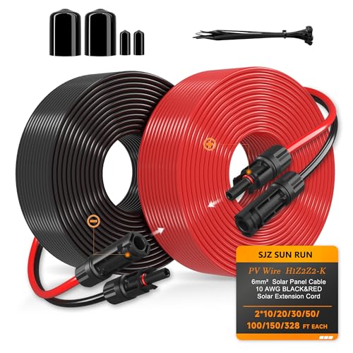 Solar Extension Cable 10AWG 6mm² 100FT PV Wire 10Gauge SJZSUNRUN Adaptor Panels Cables with Female & Male Waterproof Connectors for Outdoors, Marine, RV, Photovoltaic (Black& Red)