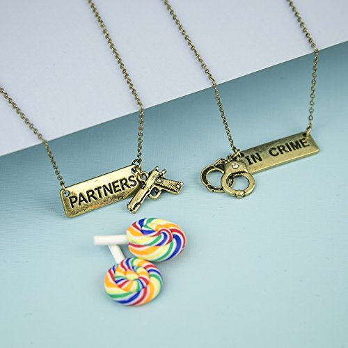 LUX ACCESSORIES Partners in Crime Handcuff Hand Cuff Gun BFF Best Friends Forever Matching Necklace Set4