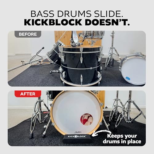 Image of KickBlock Drum Set Bundle - Drum Rug 6'6 inch x 5'6 inch + Bass Drum Anchor - Stops Bass Drum Creep & Slide - Non-Slip Mat - Drummer Gift & Accessories (Stage Black)