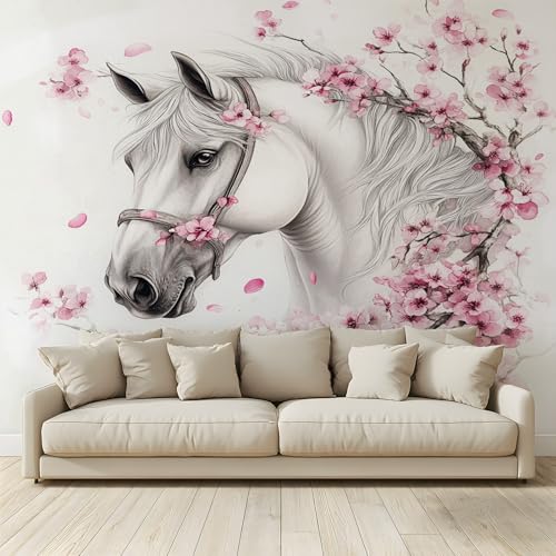 MKBKLI Papier Peint Panoramique Tête cheval blanc fleurs cerisier Murale 3D Intissé Fresque Poster Décoration Fond De Mur Tv Salon Chambre 200 (H) x 140 (L) cm