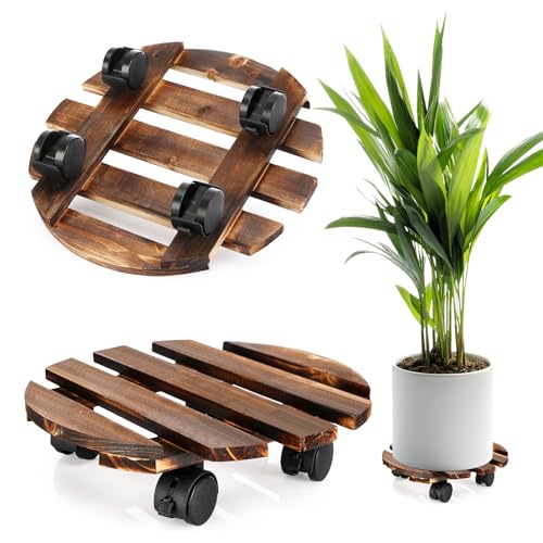 Alitree 2pcs Sottovaso con Ruote,Basi Rotonde in Legno,Carrello per Vasi