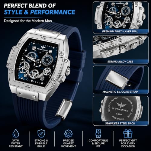 Image of Men's Analog Watch with Skeleton Dial, Rose Gold Alloy Case, Brown Silicone Strap, Quartz Movement, Magnetic Buckle & 30M Water Resistant Wrist Watch