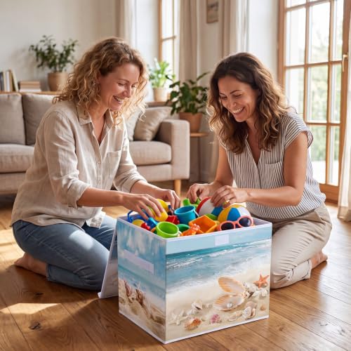 Image of Briwooody Beach Storage Bin with Lid Handle Coastal Foldable Storage Box