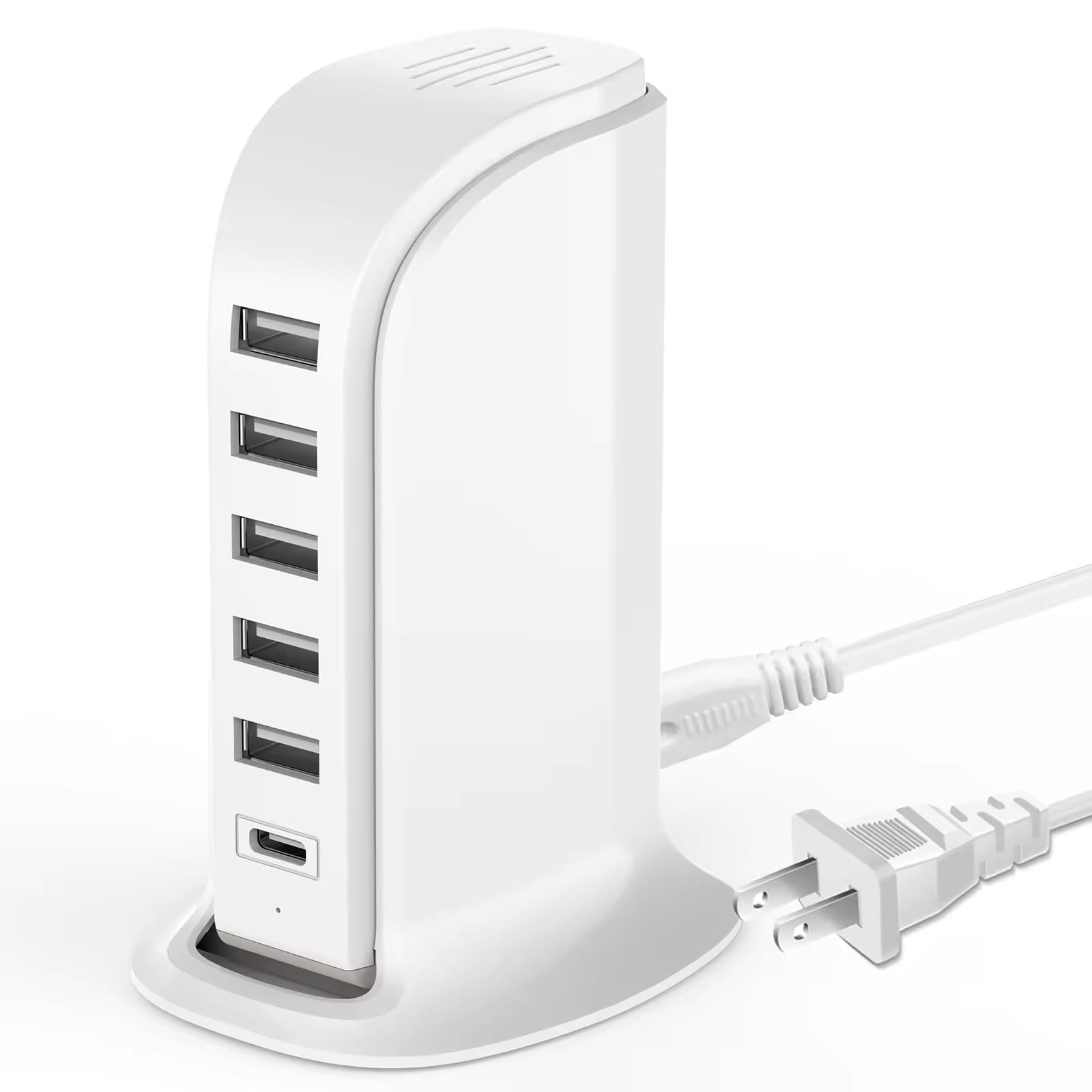 USB Charging Station for Multiple Devices, 5 USB Ports + 1 Type C Multiport Charger Tower, Compatible with Smartphones, Tablets and Other Devices