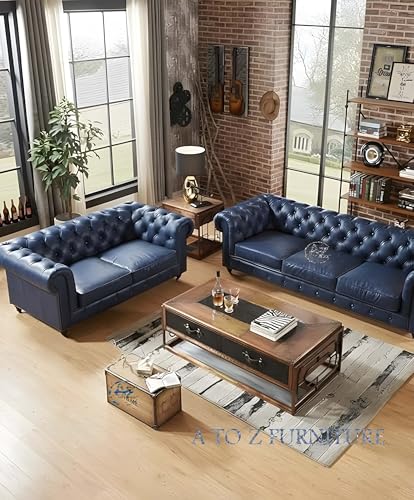 Image of A to Z Furniture Classic 3+2=5 Seater Sofa Set with Wooden Leg's Luxury Chesterfield Leatherette Sofa in for Home Living Room & Office (3+2 Blue)