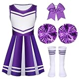 Sureio 4 Pcs Girls Cheerleader Costume for Girls Cheerleading Outfit for Kids Halloween Birthday Cosplay Party Gifts(Purple,9-10 Years)