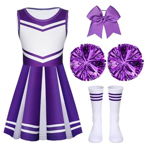 Sureio 4 Pcs Girls Cheerleader Costume for Girls Cheerleading Outfit for Kids Halloween Birthday Cosplay Party Gifts(Purple,9-10 Years)