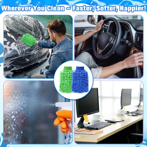 Image of Patelai 30 Pcs Car Wash Mitts Bulk Microfiber Scratch Free Detailing Chenille Car Washing Gloves Hand Double Sided Absorbent Cars Sponge for Washing Cleaning Trucks Boats, 9.45 x 5.9 Inch(Green,Blue)