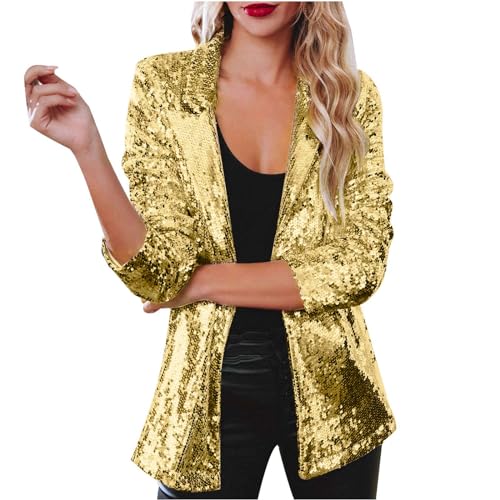 Women's Shiny Sequin Open Front Blazer Evening Party Sparkly Long Sleeve Slim Cardigan Coat Notch Lapel Suit Jackets
