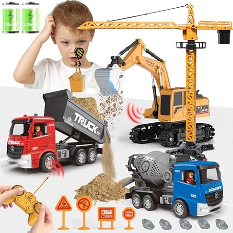 4-IN-1 Remote Control Construction Vehicle Toy Set, RC Excavator Friction-Powered Crane Dump Mixer Truck with Lights & Sounds for Kids Imagination Development, Christmas Birthday Gifts for Boys Girls Cover
