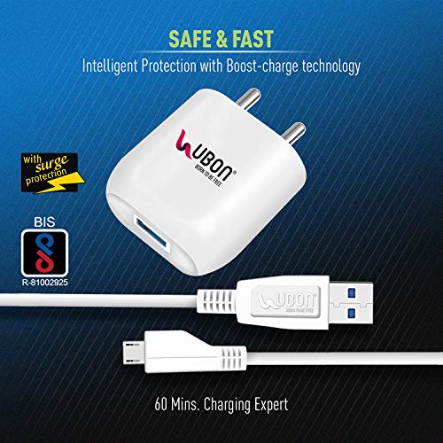 Image of UBON Boost Series Mobile Charger CH-58 2.4 Amp Wall Charger Fast Charging Adapter with Micro USB Cable for Smartphone & Tablets, BIS Certified, Smart Protection for Short Circuit & Overheating- White
