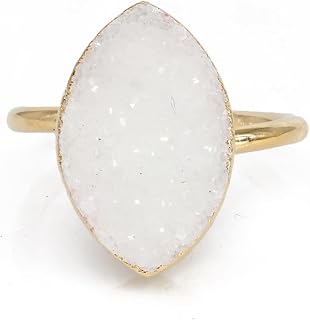 Druzy Marquise Statement Ring Raw Crystal Natural Semi Precious Stone Gold or Silver Ring, 10 x 16 mm Adjustable Shank Size US 6 to 8