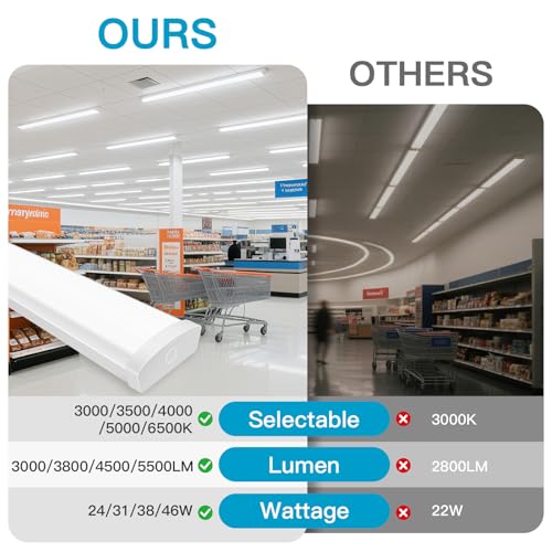 Image of 4PK 4FT LED Wraparound Light, 48 Inch Garage Ceiling Lights, 24 /31 /38 /46W, 5500LM, 3000-6500K 5CCT, 120-277V Hardwired 4FT Led Light Fixtures for Garage, Workshop,Closet,Shop,UL(0-10 v dimming!)