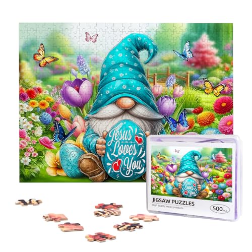 Easter Puzzles for Adults 500 Pieces Gnome Eggs Jigsaw Puzzle for Adults Cute Rabbit with Spring Flowers Wooden Puzzle Easter Gifts Basket Stuffers - image 1