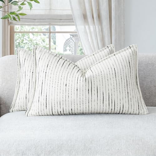 NUYECY Soft Chenille Decorative Throw Pillow Covers 12x20 Set of 2,Cream White Neutral Couch Pillow Covers Striped Textured Farmhouse Pillowcases for Modern Home Decor Bed Sofa Living Room Bedroom by NUYECY - Used condition - Image 5