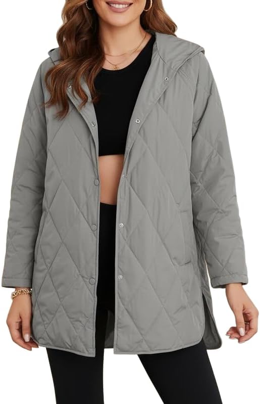 Women's Winter Quilted Jackets Casual Long Sleeve Diamond Puffer Hooded Jacket Button Outerwear Coats with Pockets