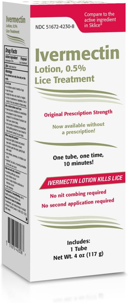 Ivermectin Lotion 0.5% Lice Treatment (4 Fl Oz) Fast-Acting 10-Minute Single Use, Prescription Strength Solution for Head Lice & Eggs, No Nit Combing Required, Adults & Kids 6 Months+