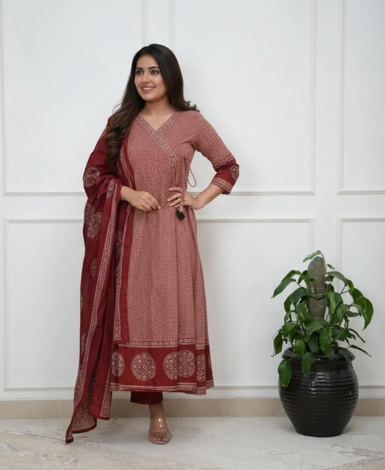 Image of Nermosa Women Printed Viscose Anarkali Kurta and Pant with Dupatta | Printed Kurta Set | Viscose Kurta Set | Summer Office Wear |