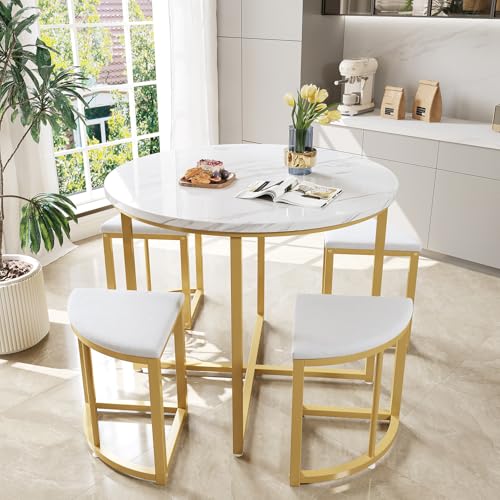 RRrawgff Juego de Mesa de Comedor con 4 sillas, 80x80cm, Tablero de Fibra de Densidad Media y Marco de Hierro Dorado, Silla de Terciopelo, sillas y sillas Modernas de Lujo