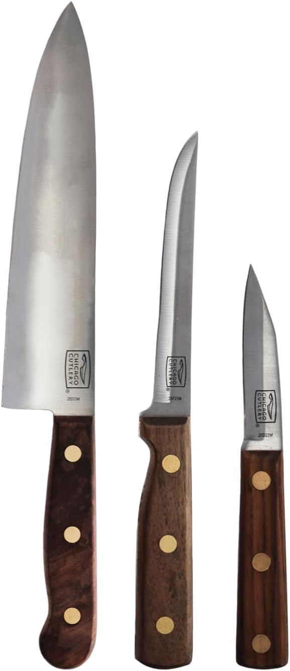 Chicago Cutlery B42 Walnut Tradition 3pc Parer, Utility and Chef Knife Set