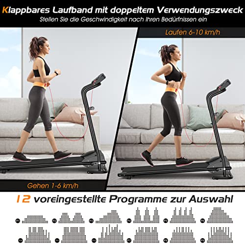 GYMAX Klappbares Laufband mit 12 Programmen, Elektrisches Fitnessgerät mit LCD Display, 1-10 km/h, mit Rädern… – Bild 3