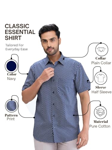 Image of Colorplus Men's Regular Fit Print Pattern Pure Cotton Plain Collar Half Sleeve Casual Shirt