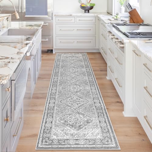 KUTA Oriental Medallion Kitchen Runner Rug, 2x8 Vintage Grey Washable Hallway Runners Non-Slip Ultra Soft Printed Distressed Tribal Floor Carpet Rugs for Bedroom Living Room Nursery