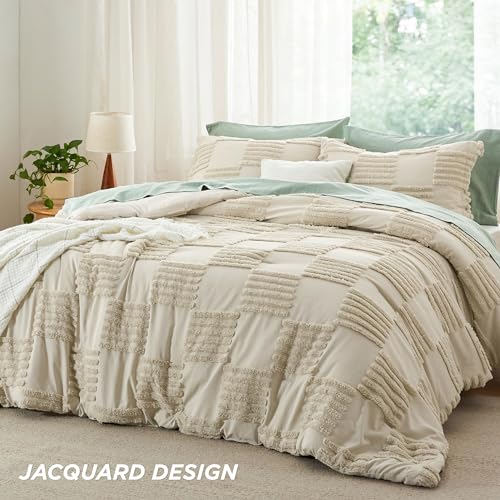 Image of Bedsure Full Size Comforter Set Linen, Boho Tufted Bed Set, Grande Checkered Farmhouse-Style Distressed Vintage Bedding, 3 Pieces, 1 Plaid Geometric Comforter and 2 Pillow Shams
