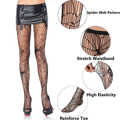 Image of 2 Pairs Fishnet Stockings for Women Fishnet Pantyhose Halloween High Waist Tights with Lace Spider Web Skull Pattern