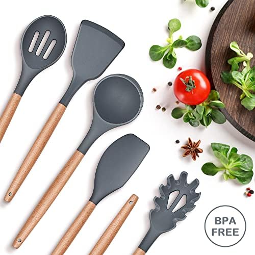 Herogo Kitchen Utensils Set, 6 Piece Silicone Cooking Utensils Set, Non-Stick Spatula Turner Spoon Utensil with Wooden Handle, Heat Resistant Kitchen Tools for Nonstick Cookware - Grey