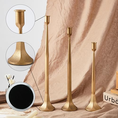Denique Iron Taper Candle Holder Set of 3, Gold Candlestick Holders 19.3”17” 14” Heightening Decorative Candle Stand Set for Wedding, Dining Table, Home Decoration (Gold) by Denique - Image 4