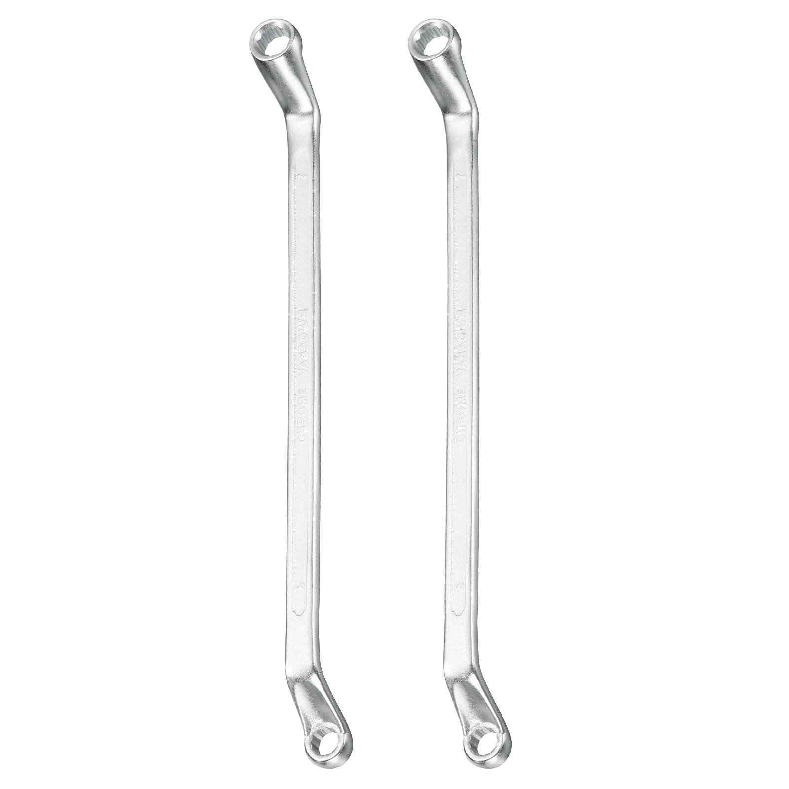 Juego de 2 Llaves de Boca acodadas extralargas de 6 x 7 mm, métricas, de 12 Puntas y 75 Grados, con trinquete y Doble Extremo, Fabricadas en Acero CR-V Pulido.