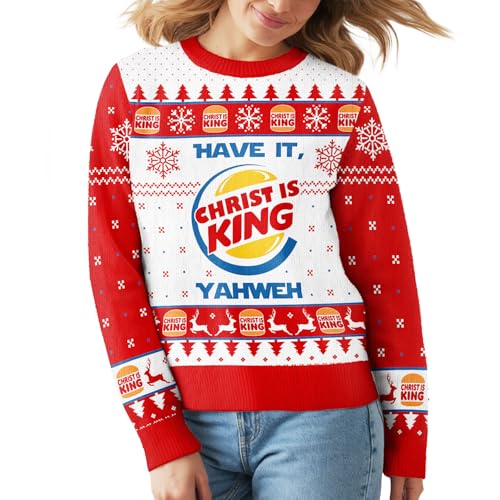 Image of 99TIMORO Burger Christ Ugly Christmas Sweater for Men and Women, Holiday Pullover Novelty Crewneck Sweatshirt, Festive Outfit Gift