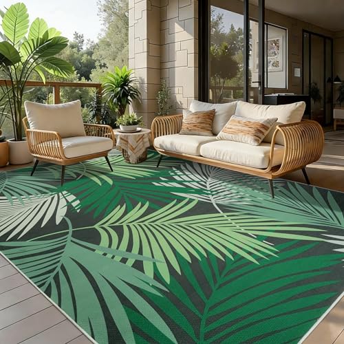 Cekene Indoor Outdoor Rug Green 160x230cm Washable Area Rug for Living Room Tropics Palm Leaves Outdoor Carpet for Patio Garden Backyard Deck Bedroom Dining Room