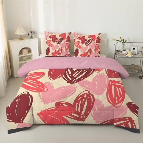 Herz-Graffiti Bettdecke 135x200 4 Jahreszeiten, Herzform Steppdecke 135x200, Warme Ganzjahresdecke Rosa Bettdecke ohne Bezug Waschbar Schlafdecke mit 2 Kissenbezug 80x80cm, D2