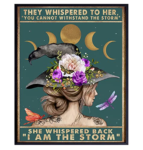 I Am the Storm Witch Quote Wall Art 8x10 Unframed Print | Gold moon phases, floral witch hat, moth and dragonfly details, botanical tattoo woman, dark teal empowerment