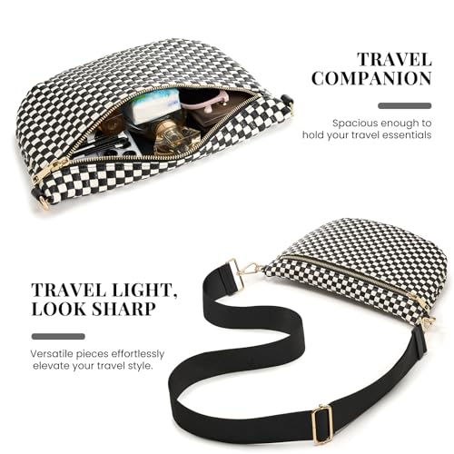 Image of Woven Crossbody Bags For Women, Checkered PU Waist Pack Travel Sling Bag | Adjustable Strap for Travel, Festivals, Beach Vacations, Dating & Daily Shopping(Black Checkered)